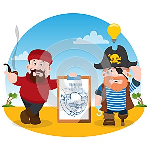 The poster for the pirate party. The leaflet with the captain and fisherman. Cartoon illustration for gaming mobile applications a