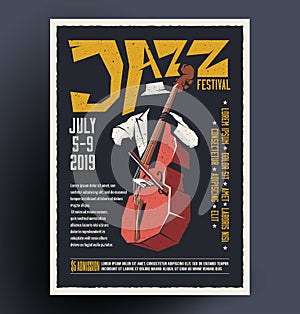 Poster, placard, flyer, invitation template for jazz music festival, concert, event bass player. Vector illustration in hand drawn