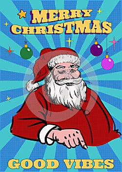 Poster pop art Christmas. Santa Claus in trendy retro style