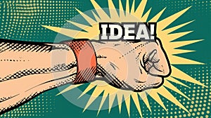 Poster in pop art style with a beating fist and the word Idea. Concept of idea generation and creativity and progress.