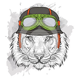 The poster with the portrait of the tiger wearing the motorcycle helmet. Vector illustration.