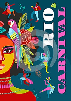 Poster with portrait of woman in brazil carnival outfit. Vector abstract illustration. Design for carnival concept and