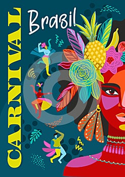 Poster with portrait of woman in brazil carnival outfit. Vector abstract illustration. Design for carnival concept and