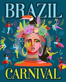 Poster with portrait of woman and people in brazil carnival outfit. Vector abstract illustration. Design for carnival