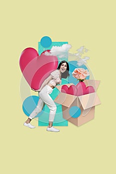 Poster postcard 3d picture collage of pretty positive girl walking carrying huge heart figure putting paper box beige