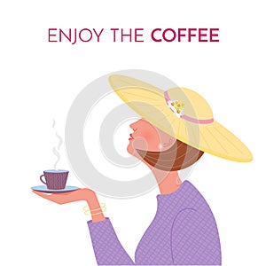 Poster with pretty graceful woman in hat holding the cup of hot coffee