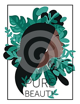 Poster for pure beauty with african american woman`s profile and tropical leaves