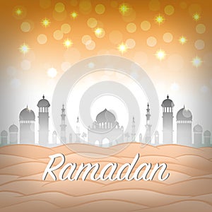 Poster for Ramadan Kareem with mosque design illustration in a yellow textured background