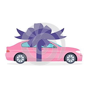 Poster with red machine and ribbon. Car gift concept or presenta