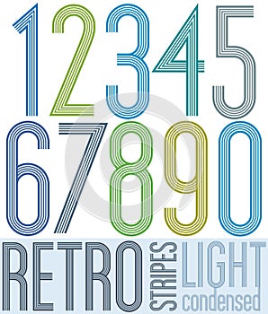 Poster retro condensed colorful light numbers with stripes on white background.