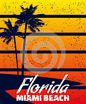 Poster Retro Florida Miami Beach sunset print. Poster grunge palm tree silhouettes