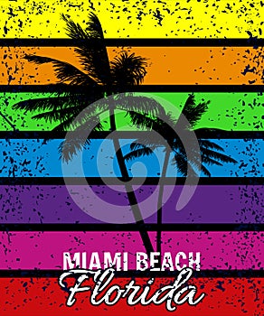 Poster Retro Florida Miami Beach sunset print. Poster grunge palm tree silhouettes