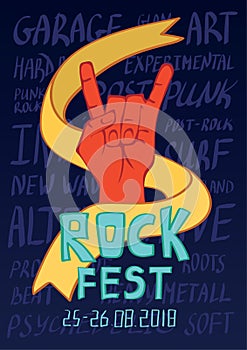Poster for rock music festival. Hand in rock n roll sign, gesture. Vector illustration.