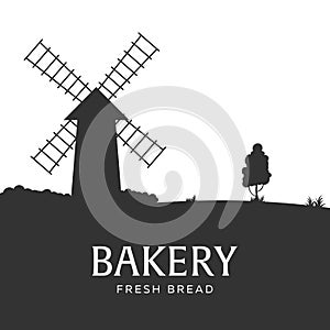 Poster Rural landscape with windmill. Bakery. Fresh bread. Vector illustration.