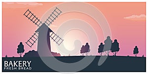 Poster Rural landscape with windmill. Sunrise. Bakery. Fresh bread. Vector illustration.