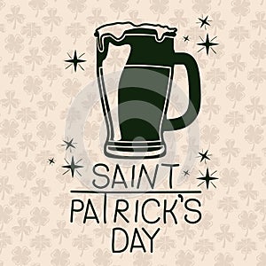 Poster saint patricks day with beer mug in green color silhouette with background pattern of clovers