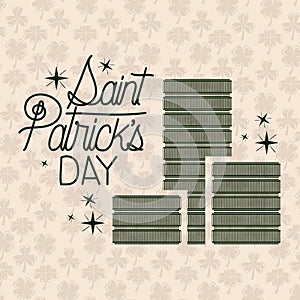 Poster saint patricks day with stacked coins in green color silhouette with background pattern of clovers