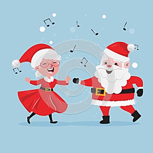 Poster with Santa Claus and missis Claus dancing and celebrating Christmas.