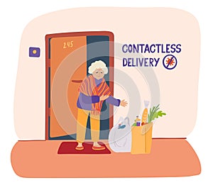 Poster with a senior woman getting food with contactless delivery.