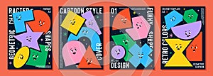 Poster set with cute cartoon geometric figures with different face emotions, funny print idea for kids. Colorful