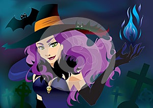 Poster. Halloween witch in black hat and blue