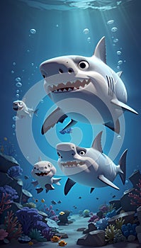 a poster for shark and shark in the water with the shark on the bottom Proud Papa A Cartoon Daddy