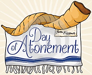 Shofar Horn, Scroll and Tallit for Jewish Day of Atonement, Vector Illustration