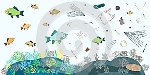 Poster of single-use plastics float in the water with fish. Prevention of water pollution banner. Microplastic concept. Hand drawn