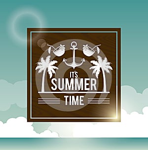 Poster sky ocean landscape of logo text summer time with palms and anchor