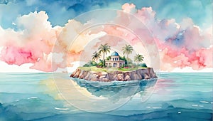 Poster of small island in the ocean, watercolor pastel, inspired by summer vacations ai generated