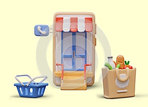 Poster with smartphone with doors on-screen, shopping cart, and eco bag with food