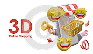 Poster with smartphone, flying shopping basket, emoji with star eyes, and hand holding megaphone