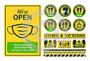 Poster social distancing. Large collection of social distance floor stickers, round and linear. For printing. Install where there