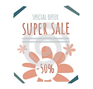 Poster special offer super sale banner, design concept ads brochure isolated on white, flat vector illustration