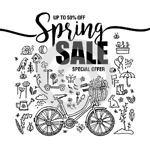 Poster Spring sales, set of black icons and symbols with bike on white background, flyer templates with lettering