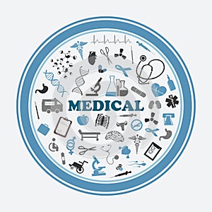 Poster and sticker with medical signs,symbols and equipments.