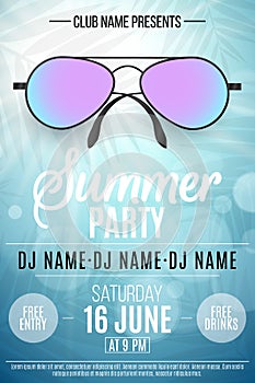 Poster for a Summer Party. Colorful beach sunglasses on a blue background with palm trees. Glares bokeh. The names of the club and