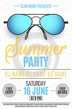 Poster for a Summer Party. Colorful beach sunglasses on a white background with palm trees. The names of the club and DJ. Colorful