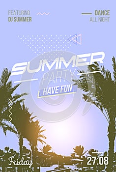 Poster for summer party with palm tree silhouette and sunrise. M