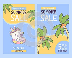 Poster summer sale discount. Happy bunny with cocktail swims on rubber circle under tropical palm leaves. Funny cartoon