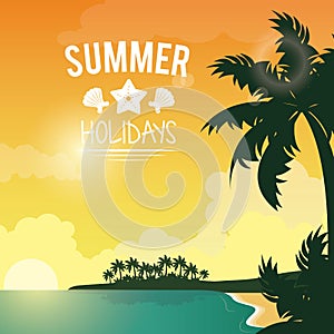 Poster sunset seaside with logo summer holydays