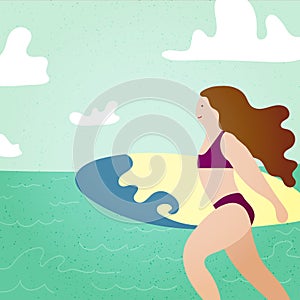 Poster with surfer girl with surfboard running to ocean. Beach and surfings design for poster, t-shirt or cards. Summer time