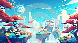 Poster with sushi planet in landscape with trees, rolls, ginger and salmon planet in sky. Modern banner with cartoon