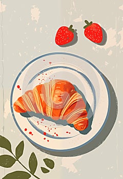 Poster with tasty French croissant and strawberries