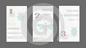 Poster template with Bug, dragonfly, ladybug. Set of vector banners with insects. Engraving illustrations, typography