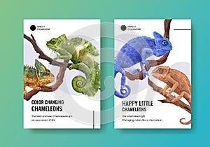 Poster template with chameleon lizard concept,watercolor style