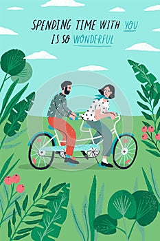 Poster template with cute couple riding tandem bike at park and romantic phrase. Young boy and girl in love or pair of