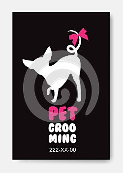 Poster template with dog silhouette on black background. Pet gro