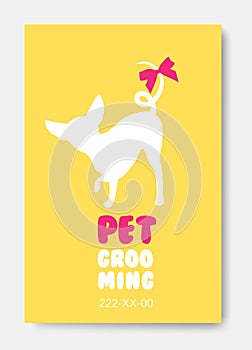Poster template with dog silhouette. Pet grooming logo. Dog hair