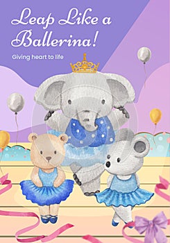 Poster template with Fairy ballerinas animals concept,watercolor style